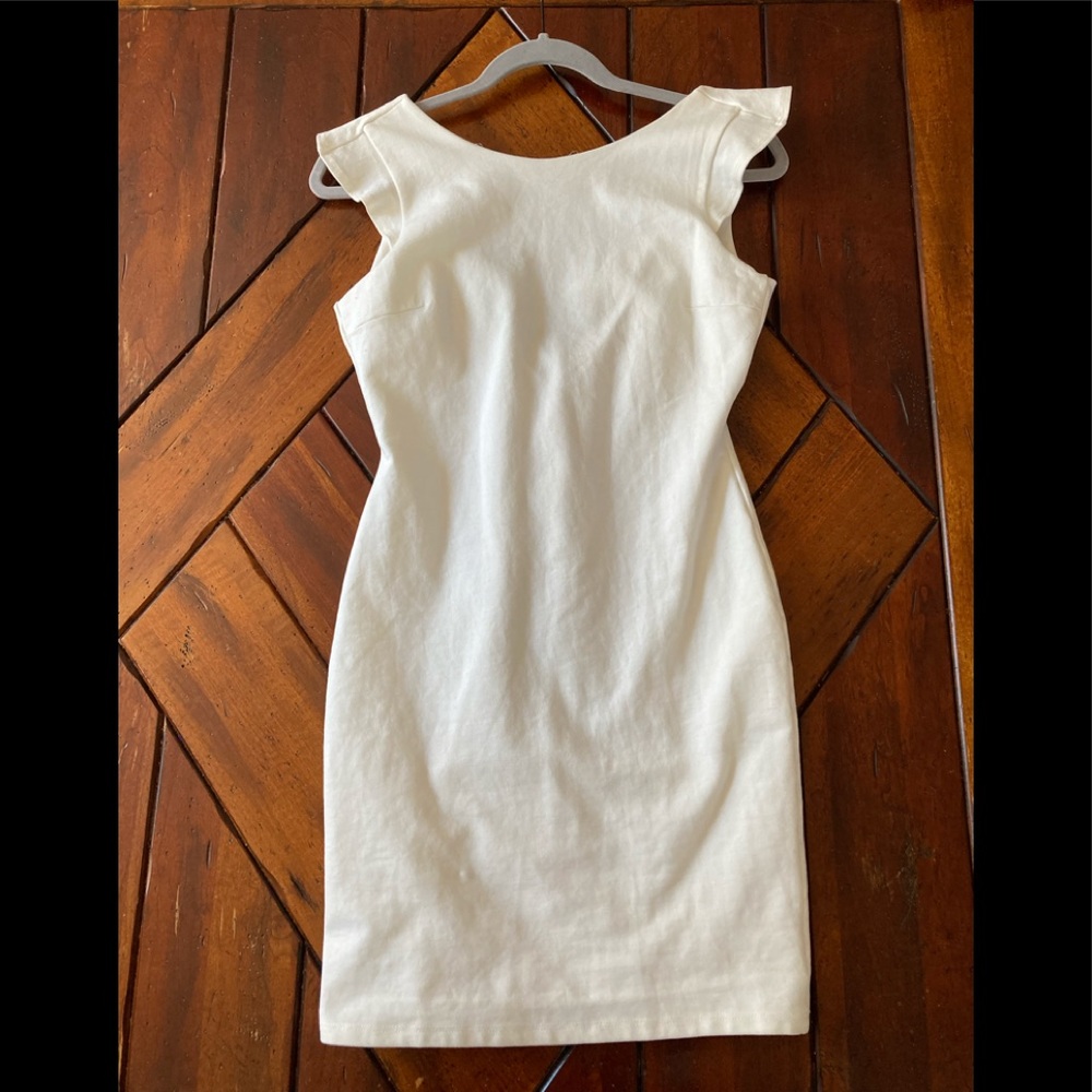 COPY - Just Me White back plunged ruffled body con dress.